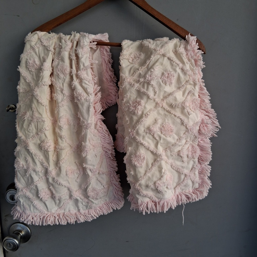 Pillow Shams Set of 2 Tufted Chenille Diamond Tassel Pink Cream Cotton
